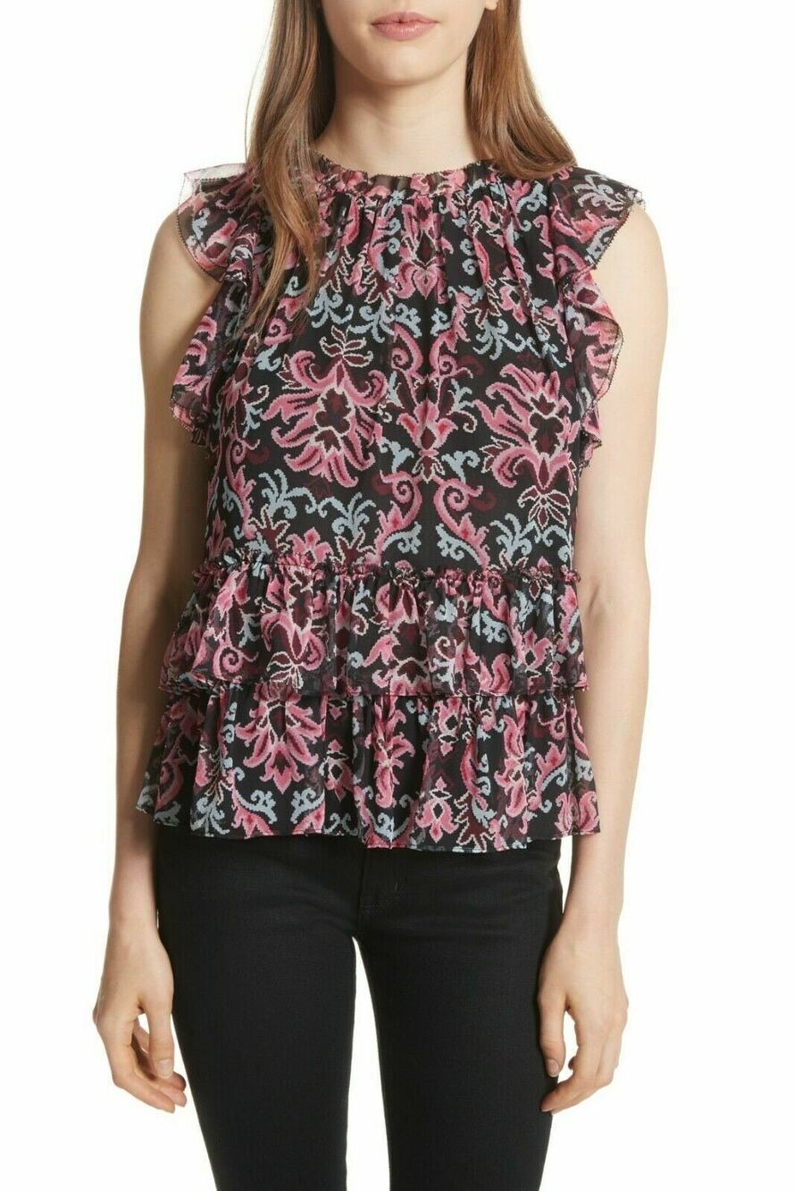 Kate Spade Tapestry Silk Chiffon Ruffled Top, M